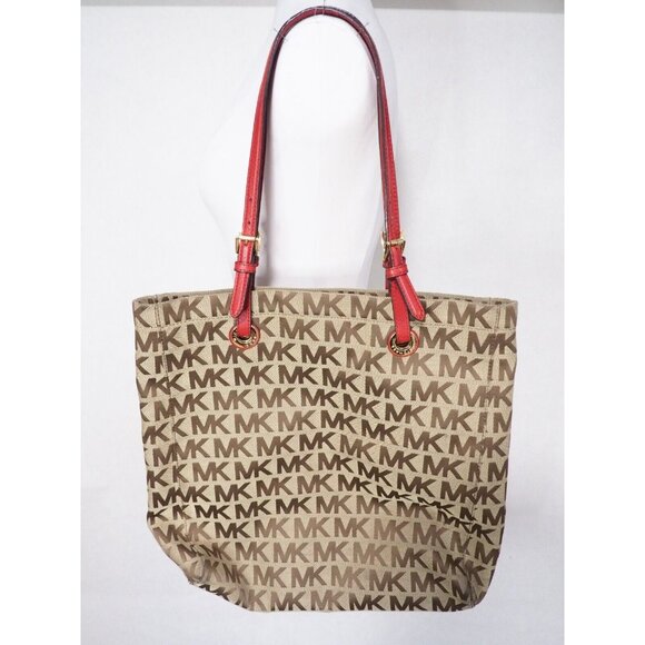 kate spade new york Handbags - Michael Kors Large Gold & Brown Logo Embroidered Tote Bag Red Leather Handles